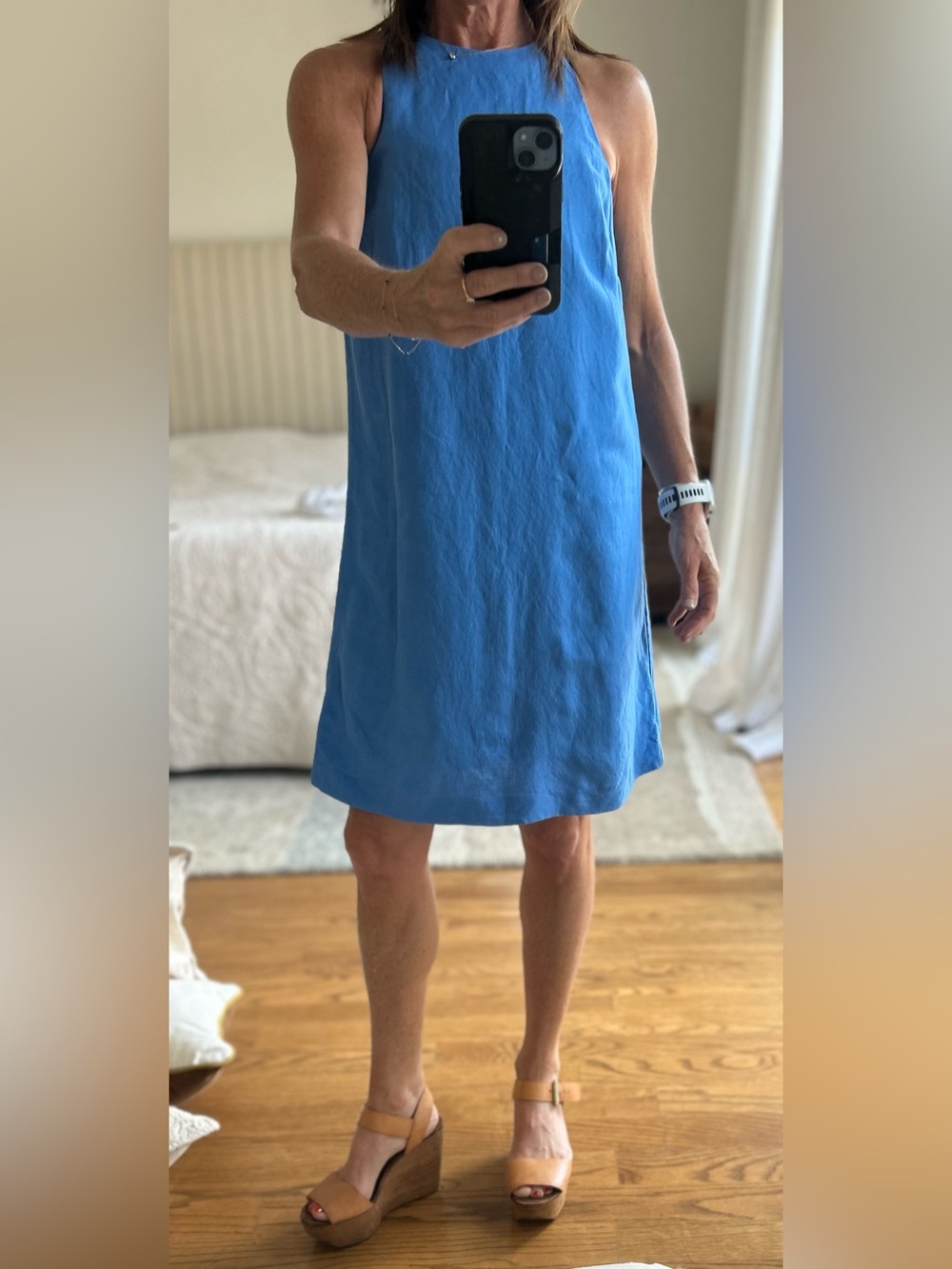 Sleeveless linen lined A-Line Mini Dress in Bright Blue